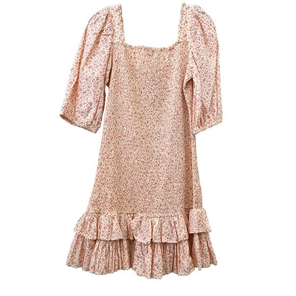 By TiMo Mini Dress Large Cream Red Ditsy Floral Smocked Ruffle Boho Whimsical - Picture 2 of 10